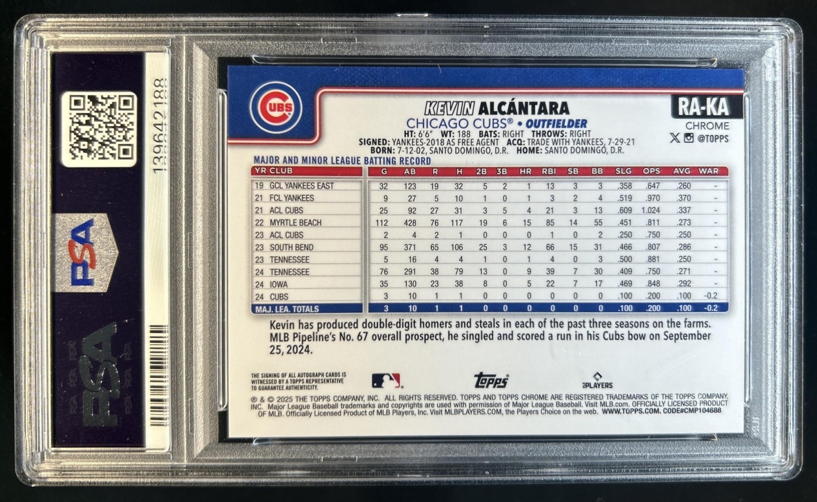 2025 Topps Chrome Kevin Alcantara Rookie Auto RC Blue Refractor #/150 Cubs PSA 9 view 2
