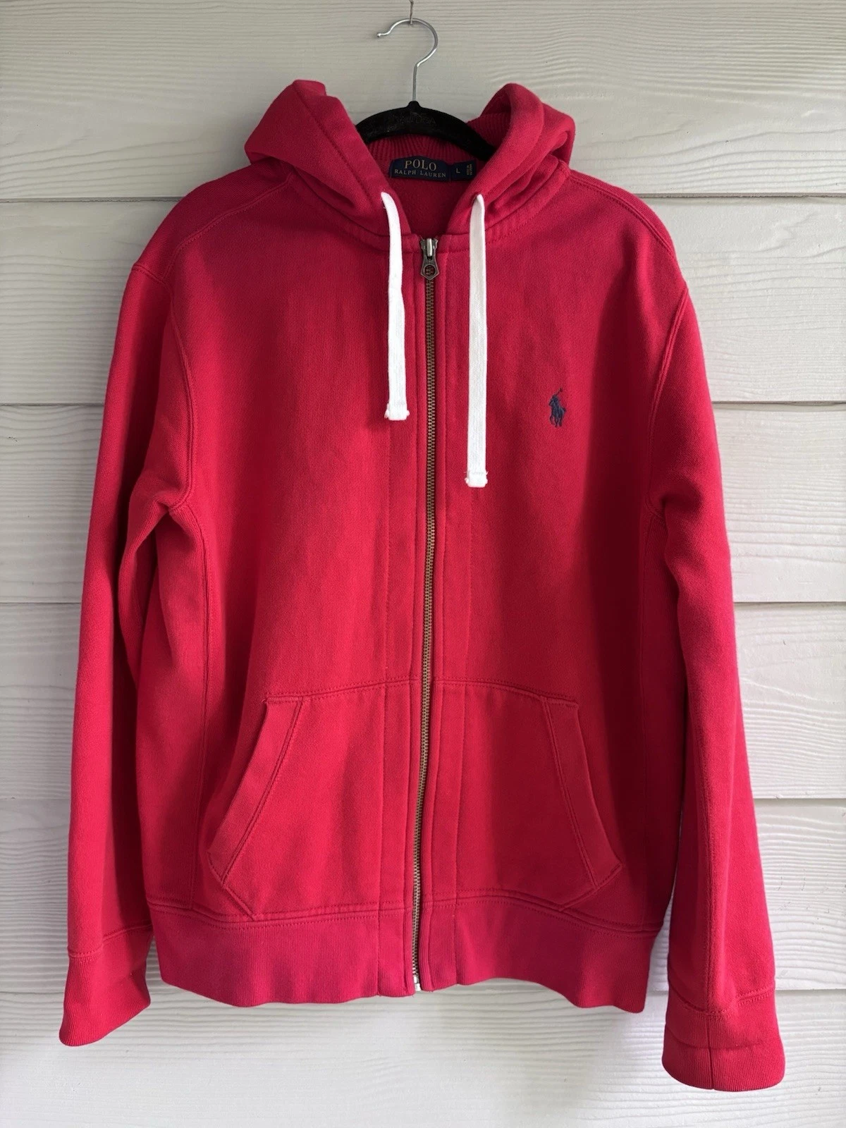 Polo Ralph Lauren Red Hoodie Jacket Mens Large Thermal Full Zip Blue Pony Waffle