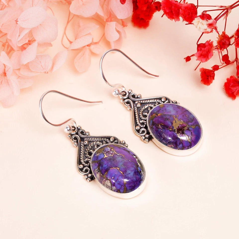 Composite Copper Purple Turquoise 925 Silver Dangle Drop Earring "Cabochon Cut" - Image 2 of 4