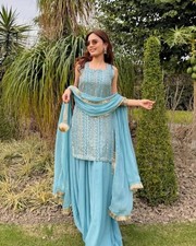 Ethnic Look Faux Georgette Blue Top Palazzo With Dupatta For Women Girls