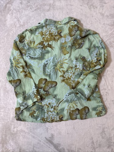 Tianello Women’s XL Button Front Blouse Green Floral Asian Print Long Sleeve Top - Picture 11 of 12