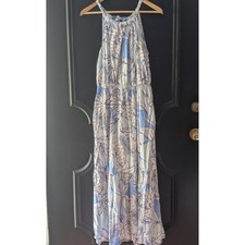 Halston Blue Tropical Floral Linen Blend Tiered Halter Maxi Dress Sz L Ruffle