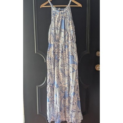 Halston Blue Tropical Floral Linen Blend Tiered Halter Maxi Dress Sz L Ruffle
