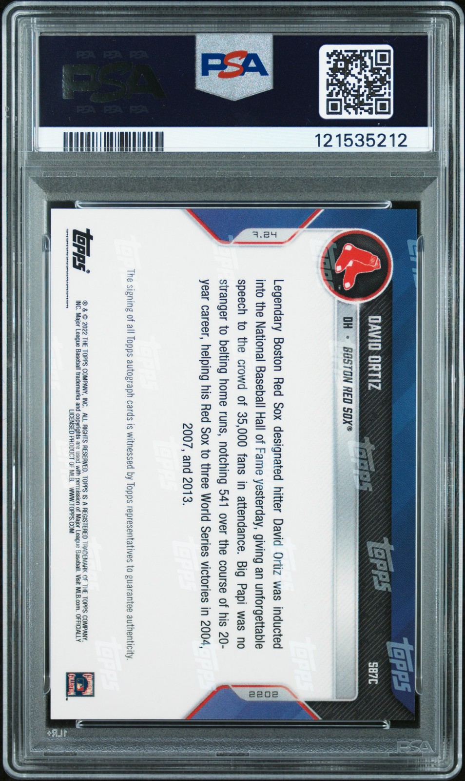2022 TOPPS NOW AUTO-PURPLE #587C DAVID ORTIZ 23/25 PSA 10 DNA AUTO 8 view 2