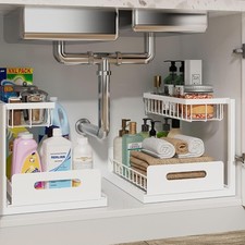 Under Sink Organizer, L-Shaped 2 Tier Pull Out Cabinet Organizer, Slide