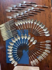 Vintage Interpur 67 Piece Stainless Steel Wood Handle Scroll MCM Flatware MCM
