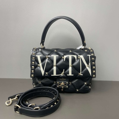 Valentino Candystud Quilted Flap Bag Black Leather Print Gold Rockstud Hardware