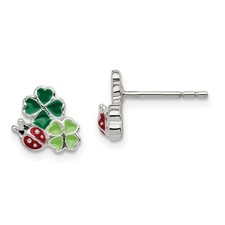 Sterling Silver Enamel Ladybug  Clovers Children's Post Stud Earrings L-9 mm