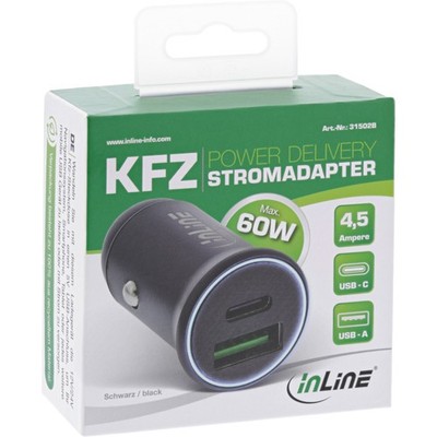 31502B InLine USB Car Power Adapter PD 12/24V USB-A + USB-C Max 60W Black ~D~
