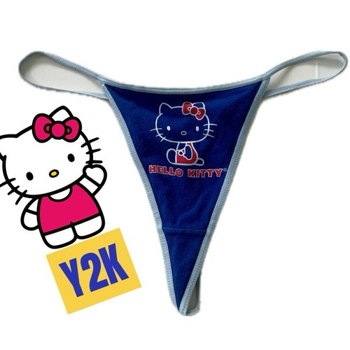 Y2K HELLO KITTY G-STRING PANTY BLUE SZ M CHEERY ON THE BACK KAWAII MADE 2004
