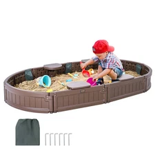 VEVOR Sandbox with Cover Oval Sand Box HDPE Sand Pit Outdoor Backyard Ages 3-12