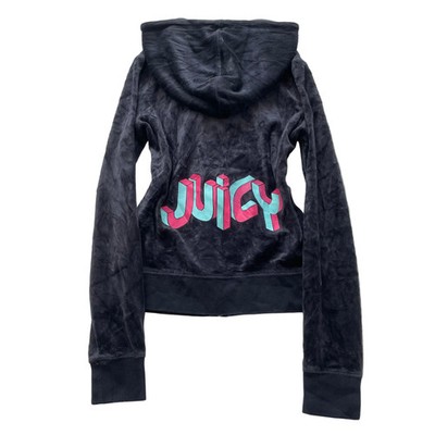 Juicy Couture Women's navy Velour Full Zip Hoodie Y2k Back Graphic Logo Size XS