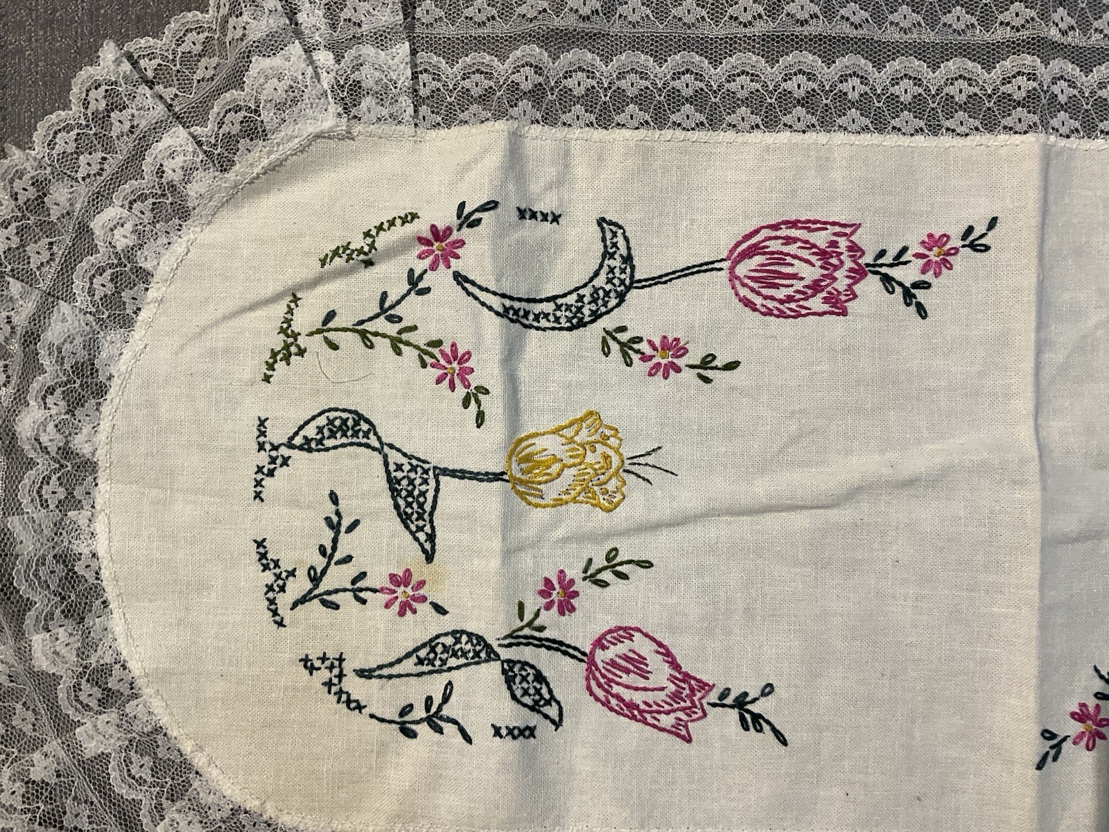 Vintage table runner or dresser scarf cross-stitched Hand Embroidered Lacey