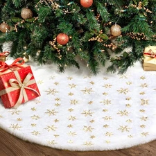 Christmas Tree Skirt 36inches Large White&Golden Luxury Faux Fur Tree Ring X-Mas