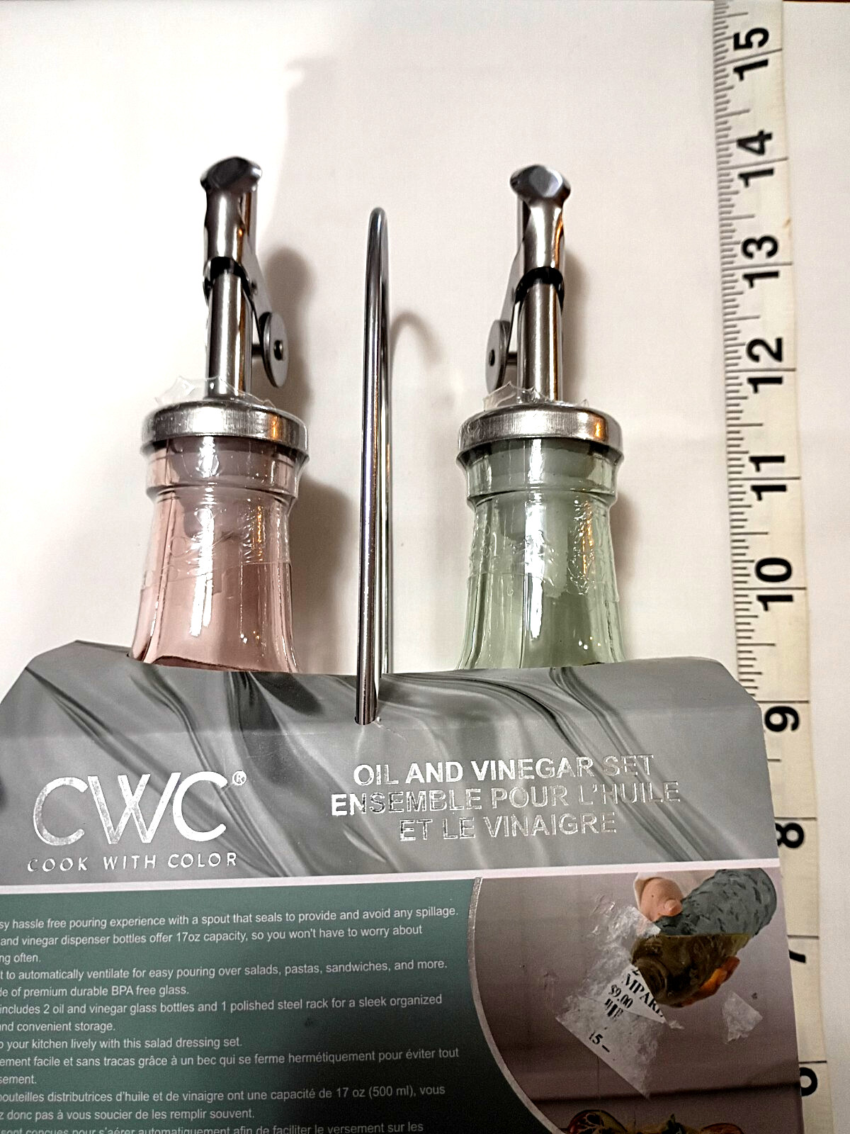 Cook With Color CWC Glass Gold Oil & Vinager Dispensers Pink & Green 17oz