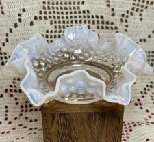 Vintage Fenton White Opalescent Hobnail Glass Candy Bowl Dish 6" Ruffled Edge