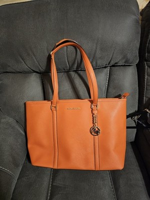 Michael Kors Jet Set Travel Orange Saffiano Leather Tote Bag MK Charm Large Zip