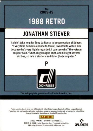 2022 Donruss Retro 1988 Signatures Red #52 Jonathan Stiever /99 Autograph Sox RC - Picture 2 of 2