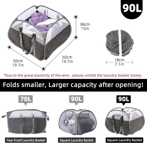 Collapsible 90L Laundry Basket with Reinforced Handles, Tear Proof Mesh (Gray) - Picture 2 of 6
