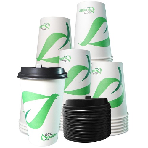 16oz Disposable Biodegradable White Paper Coffee Cups with Black Dome Lids 200pc - Bild 1 von 9