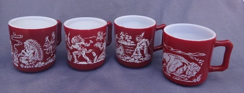 4 Vtg HAZEL ATLAS Red Maroon Native American Indian MILK GLASS Mugs Cup Buffalo