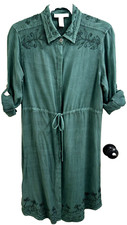STUDIO WEST APPAREL Washed Green Western Shirt Dress Silver Buttons Embroidery L