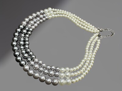 Gorgeous Ombre Necklace Tone of Gray  Whites Faux Pearl Three Strands
