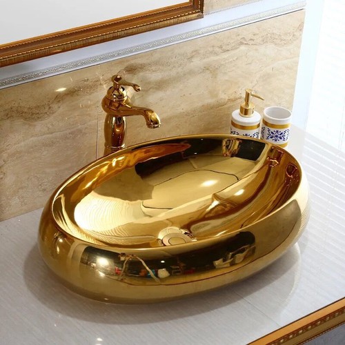 24"Gold Ceramic Oval Basin Bowl Bathroom Vessel Sinks Mixer Faucet Pop Drain Kit - Picture 2 of 7