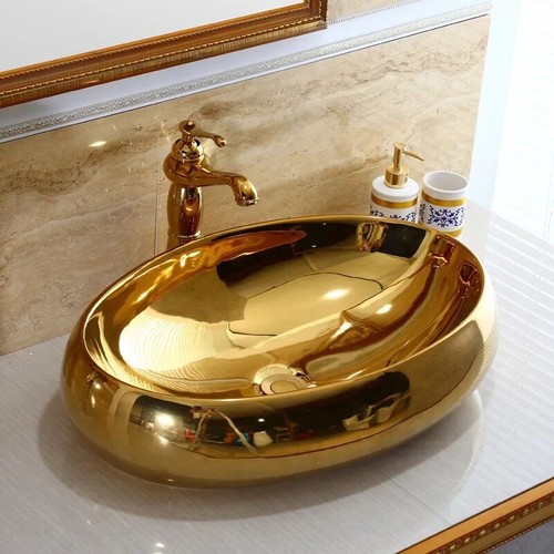 Oval Gold Ceramic Basin Bathroom Sinks W/ Gold Brass Mixer Faucet Tap Drain Sets - Picture 1 of 7