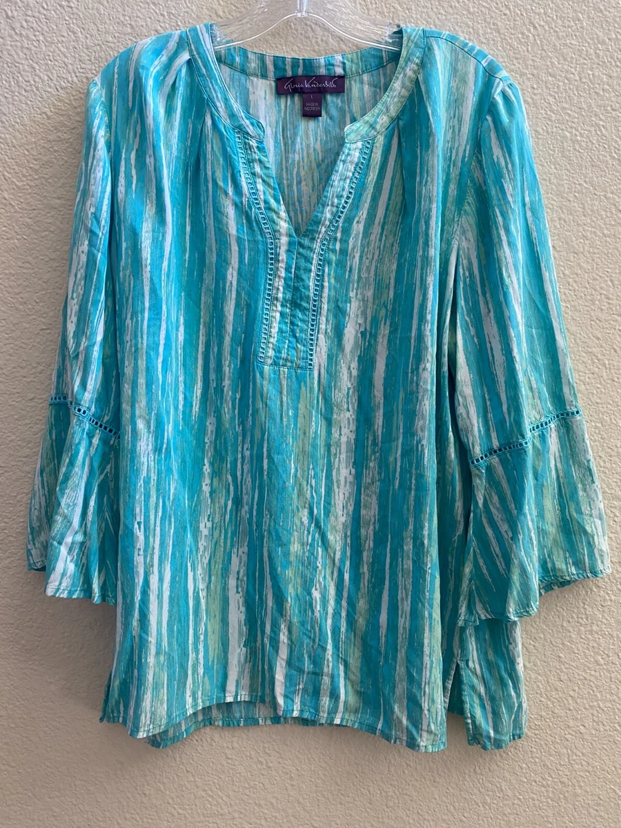 Gloria Vanderbilt Womens Blouse Size Large Blue Peasant Boho V