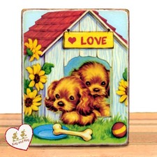 Two cute puppy dogs Cocker Spaniel shelf sitter wood sign retro art decor WB-36