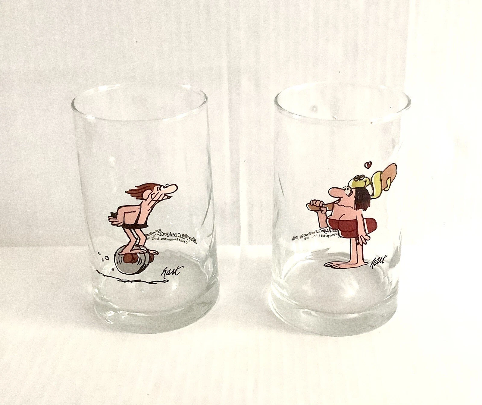 Arby's B.C. Ice Age Collector Series Glasses 1981 Field Ent. “Thor” & “Jane”