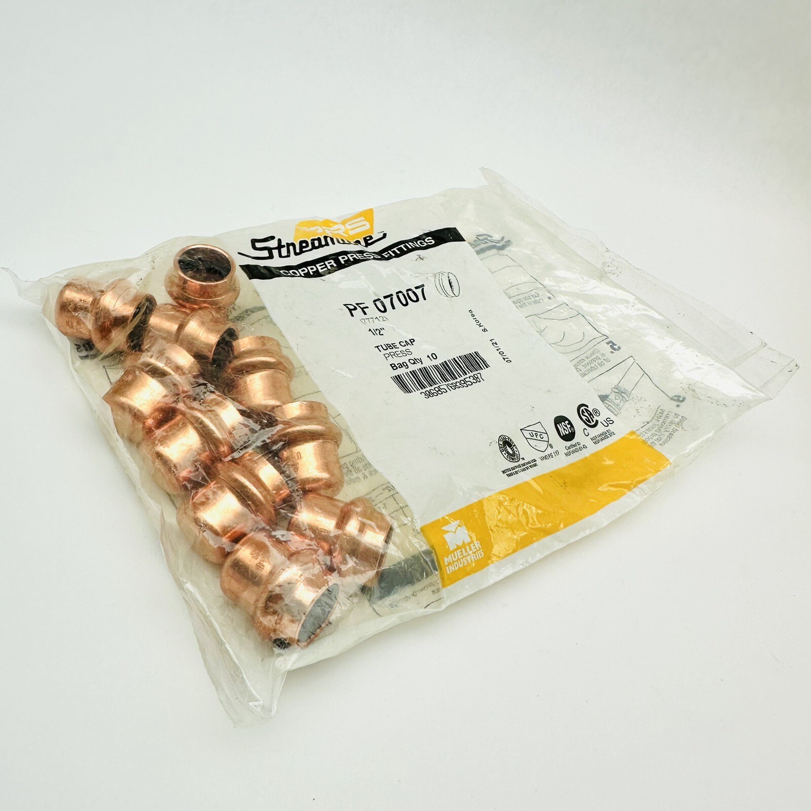 PACK OF 10, 1/2" COPPER PRESS PRESSURE TUBE CAP FITTING (PF 07007)