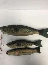 Lot Of 3 Vtg. Hand Carved/ Painted Ice Spear Fishing Decoys 10-14”