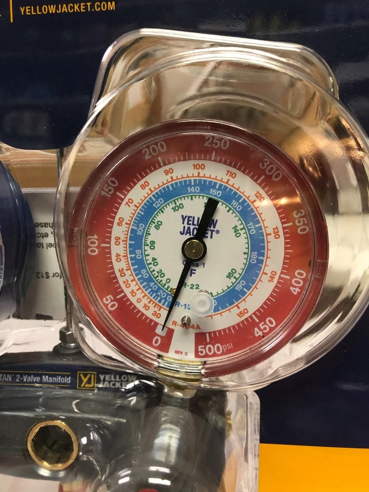Chaqueta amarilla, colector de 2 válvulas, TITAN, R404a, R22 y R134a, medidores rojos y azules Foto 3 de 4