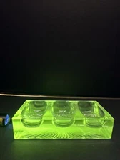 VINTAGE FLINT GLASS 3 SECTION SALT CELLAR STARBURST DESIGN MANGANESE GLOW