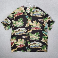VINTAGE Paradise Found Men Button Up Shirt 2XL Black Classic Car Hawaiian 90s