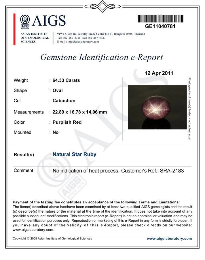 AIGS Certified SIERRA LEONE Star Ruby 64.33 Cts Natural Untreated Oval - Image 3 of 3