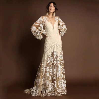 Floral Print Flared Sleeves Wedding Dresses Boho V-Neck Backless Bridal Gowns