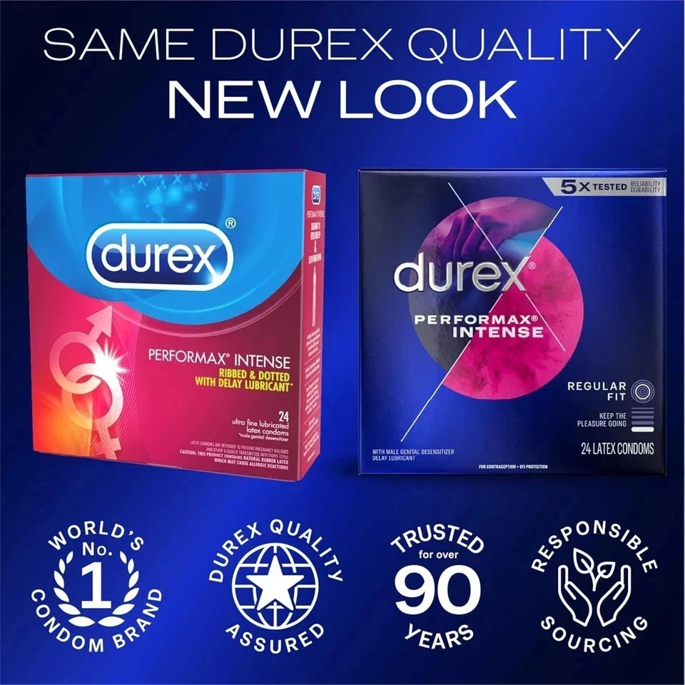 Condones Durex Performax Intensos Punteados con Retardo Lubricante Goma Condones 24 Ct Foto 2 de 4