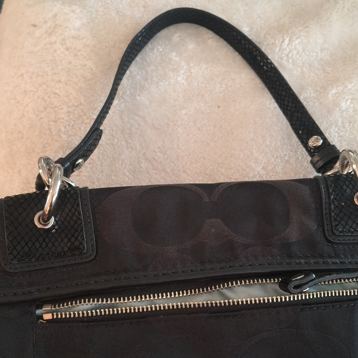 Coach Black Signature Logo Shoulder Bag Turn Lock Silver Hardware
