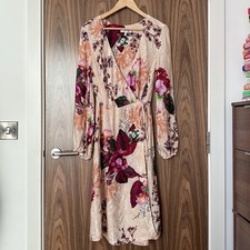 Next Tall Pink Floral Jacquard Satin Tie Wrap V Neck Long Sleeve Midi Dress 12