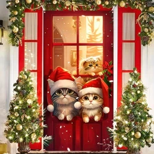 Merry Christmas Door Cover Cute Cat Printed Hanging Door Banner with White Rope