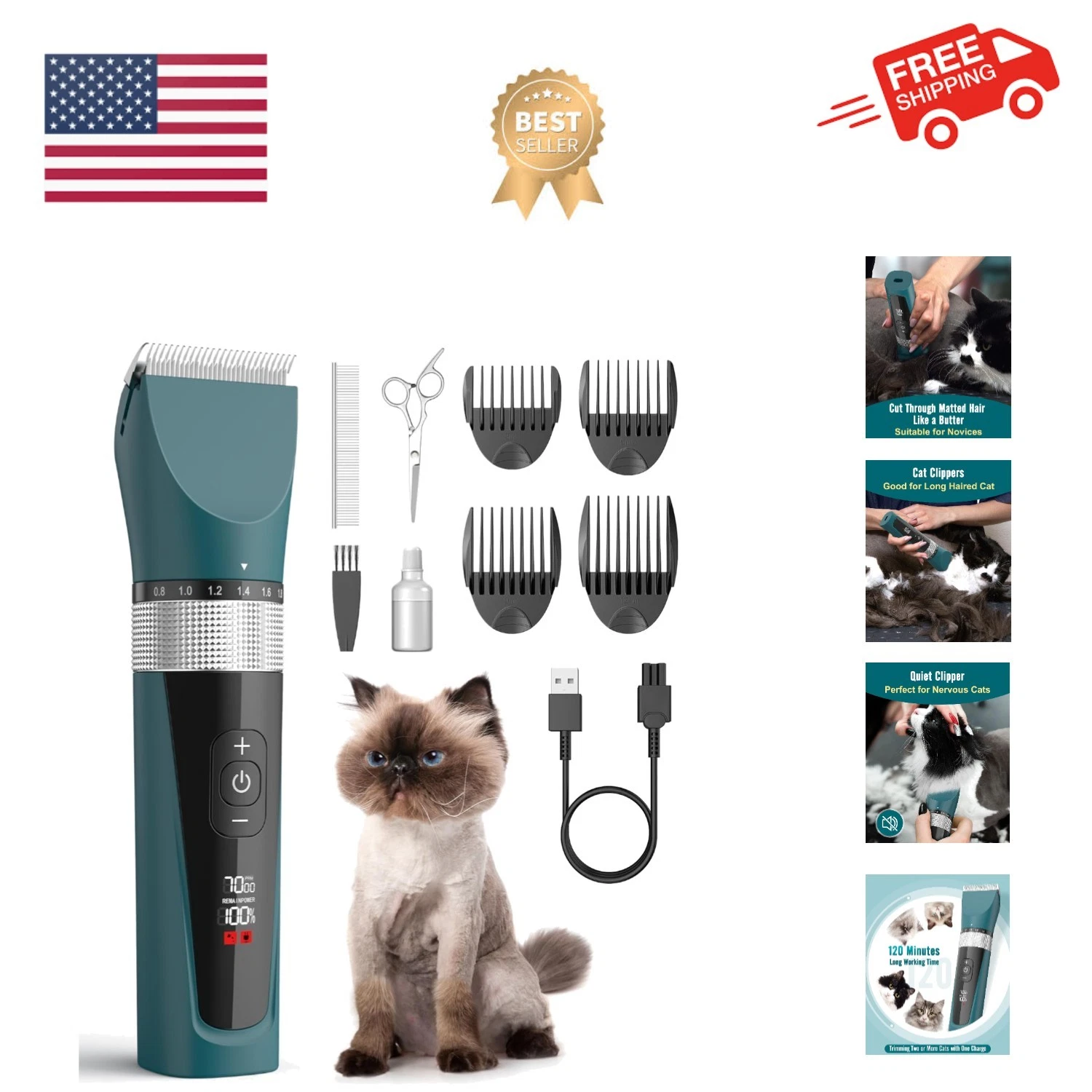 Cat Clippers for Matted Hair, 5-Speed Quiet Cat Grooming kit, Cordless Pet Sh...