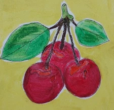 GAT Abrstract Original Painting 6x9 Whimsical Cherries Kitchen Art Fruit Cherry