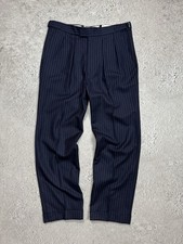 Vintage Wool Pinstripe Trousers Side Buckles Pleated Tailored Dress Pants 34