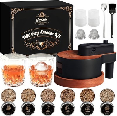 Whiskey-Smoker-Set mit 6 Sorten Holzspäne, 2 Gläser, 2 Eisballformen Geschenk