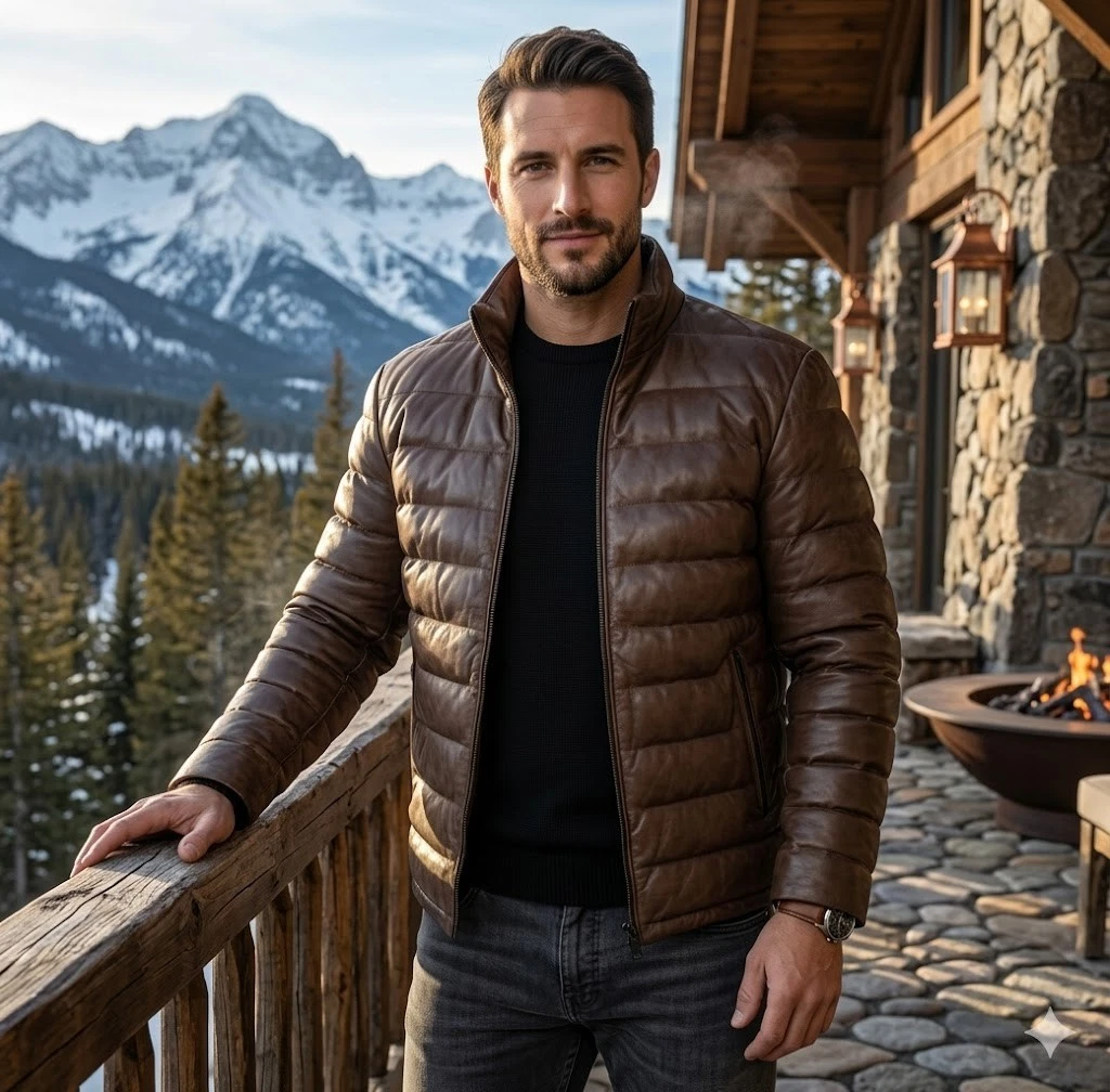 Men’s Brown Leather Puffer Jacket | Lambskin Quilted Winter Coat | Warm Down