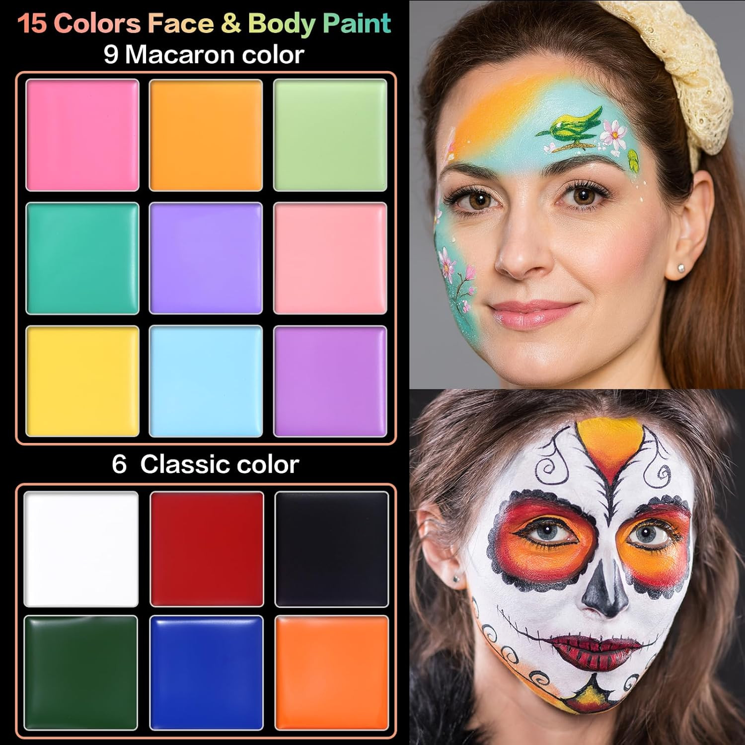 Macaron Face Body Paint Set, 15 Colors Painting Palette Makeup Kit + 10Pc Colorf