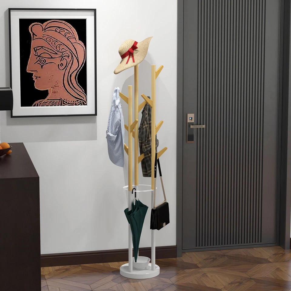 HOMCOM Appendiabiti da Terra con Portaombrelli e 12 Ganci Metallo Bianco e Bambù - Immagine 2 di 4